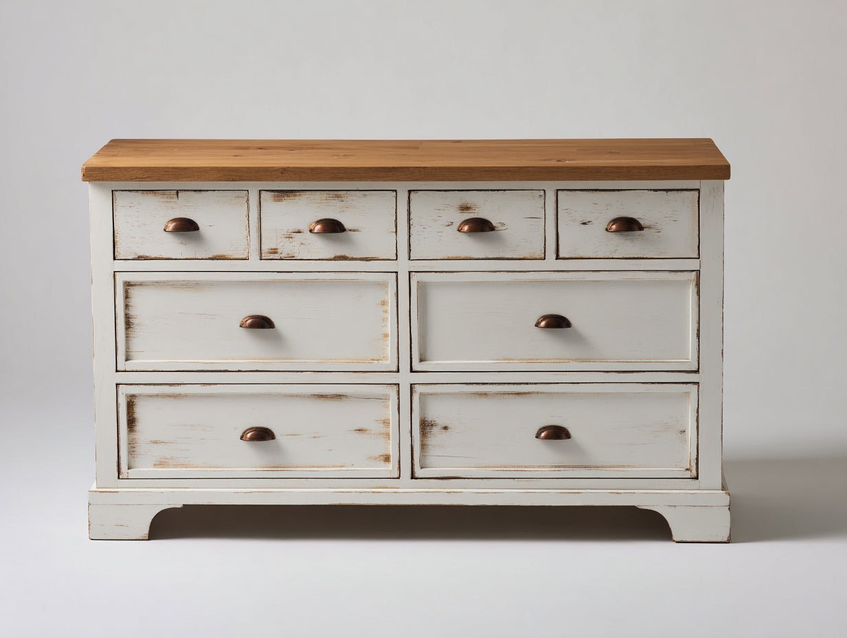 Kommode mit Schubladen Holz 145x42x82 cm Weiß-Naturholz für Schlafzimmer - Rustikaler Landhaus Stil mit 8 Schubladen