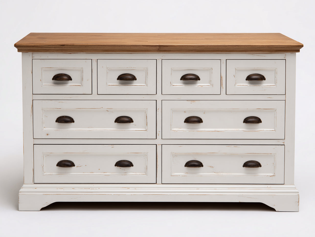 Kommode mit Schubladen Holzwerkstoff 150x45x90 cm - Weiß-Braun - Landhausstil mit 8 Schubladen