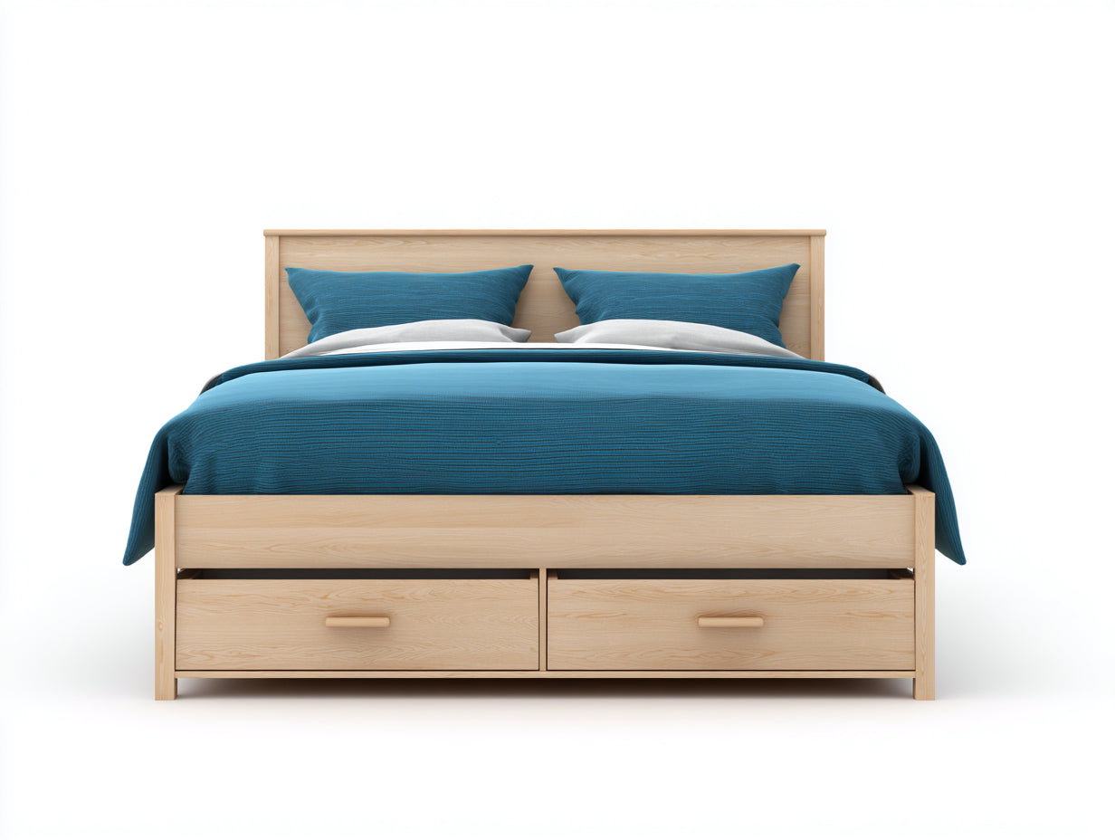 Doppelbett Holz 204x186x92 cm Naturholz für Schlafzimmer - Skandinavischer Stil mit 2 Bettkästen