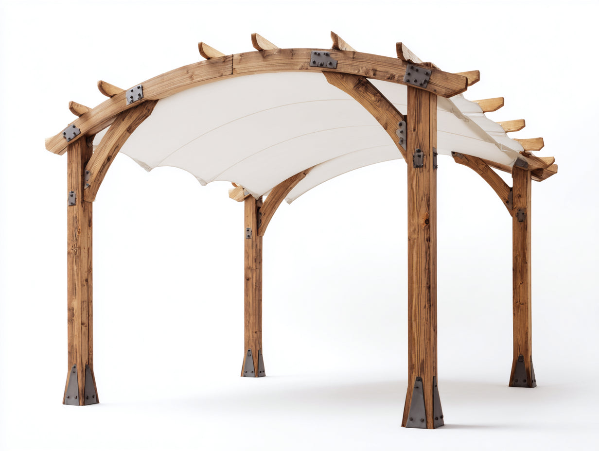 Pavillon Holz und Stoff 360x300x260 cm Naturholz-Cremeweiß für Garten - Gebogenes Dach mit Textildach