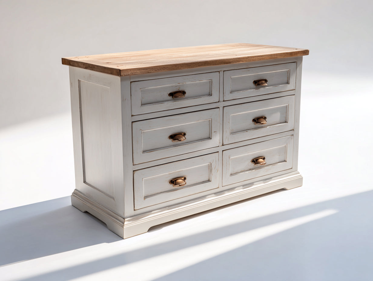 Kommode mit Schubladen Holzplatte 130x45x82 cm - Weiß und Naturholz - Landhausstil mit 6 Schubladen