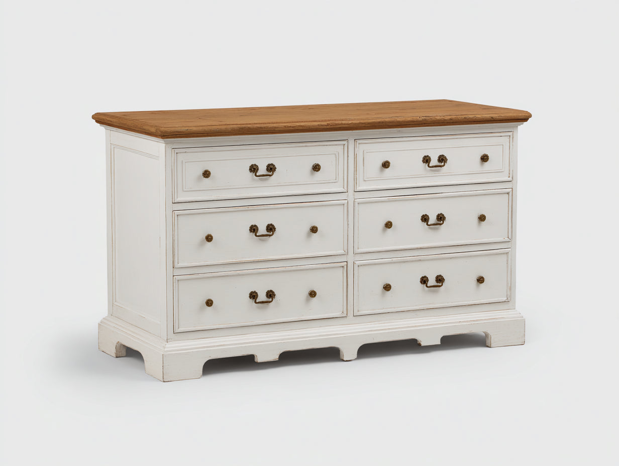 Kommode mit Schubladen Holzplatte 140x45x85 cm - Weiß und Naturholz - Landhausstil mit 6 Schubladen