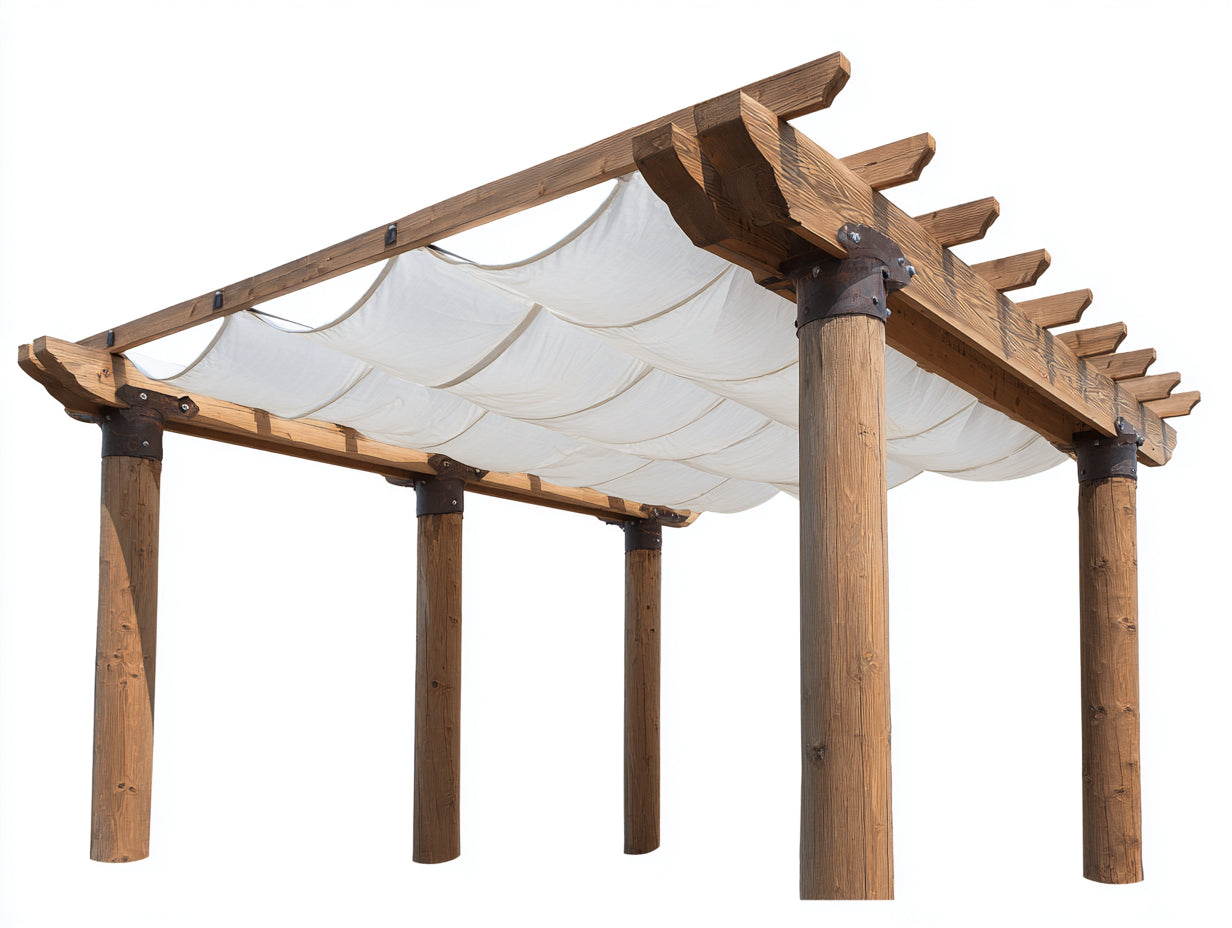 Pavillon Holz 450x300x280 cm - Holzbraun-Weiß-Dunkelgrau - Pergola mit Stoffdach