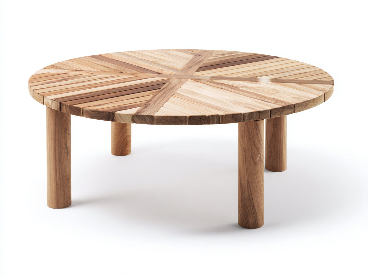 Gartentisch Holz 130x130x75 cm Naturholz für Garten - Rundes Design mit 4 Säulenbeinen