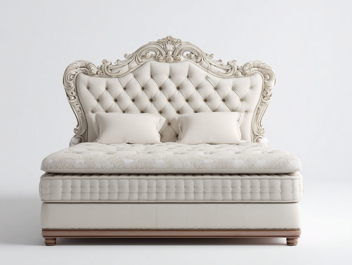 Doppelbett Kunstlederpolsterung und Holzrahmen 220x190x145 cm - Cremeweiß-Naturholz - für Schlafzimmer - klassisches Barock Design