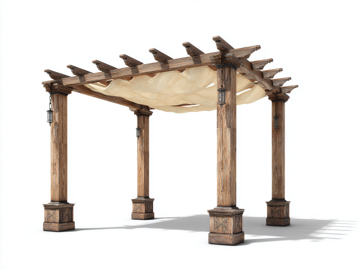 Pavillon Holz 400x300x270 cm - Holzbraun-Beige - rustikale Pergola mit Stoffdach