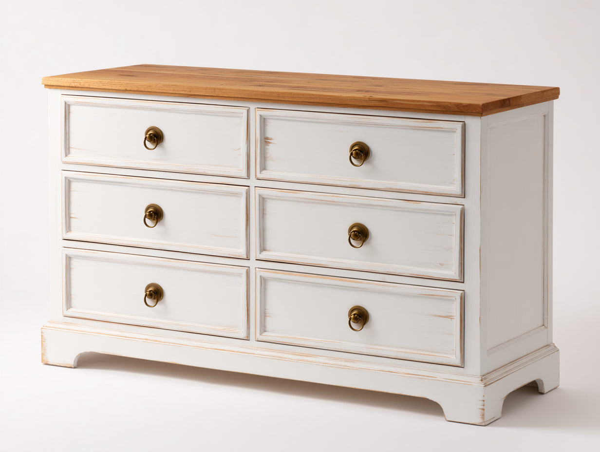 Kommode mit Schubladen Holz 120x45x80 cm - Weiß-Naturholz - für Schlafzimmer und Flur - Landhausstil mit 6 Schubladen