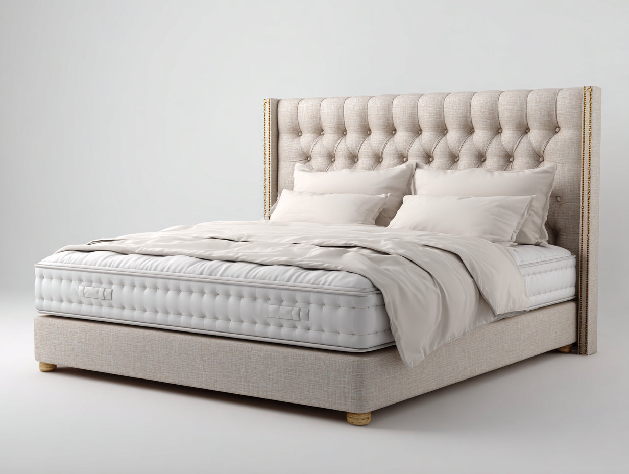 Doppelbett Stoffbezug 210x190x135 cm - Beige - gepolstertes Kopfteil mit Ziernägeln