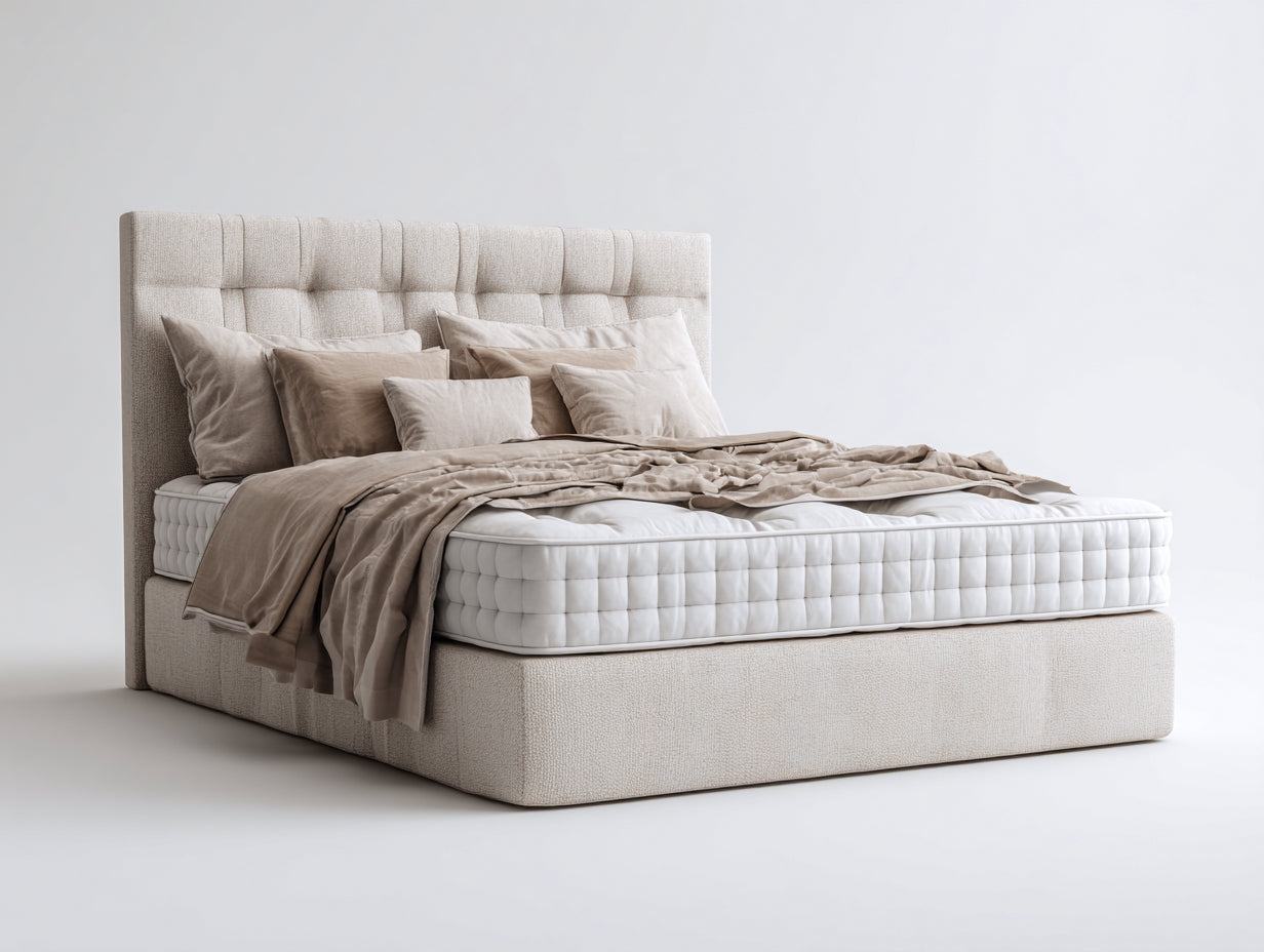 Doppelbett Polsterbett 215x190x120 cm - Beige - mit hohem gestepptem Kopfteil