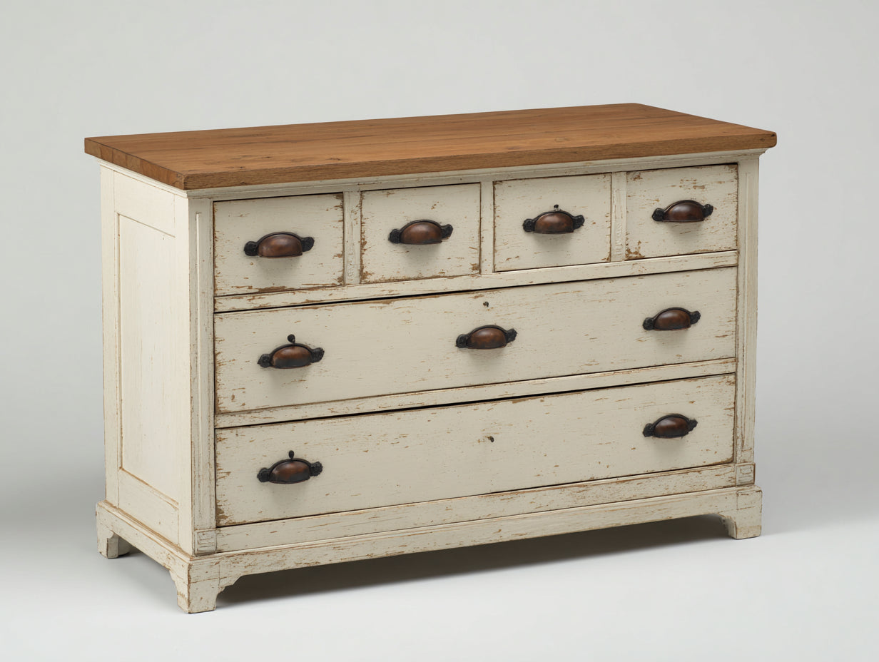 Kommode mit Schubladen Holz 125x45x85 cm - Cremeweiß-Naturholz - für Schlafzimmer und Flur - Vintage Landhausstil mit 6 Schubladen