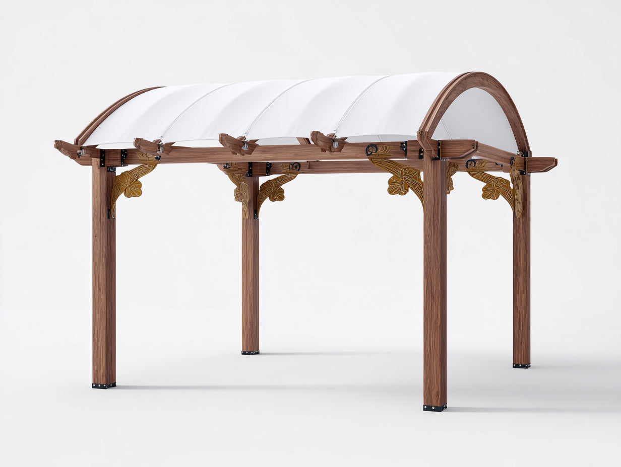 Pavillon Holz und Stoff 420x300x260 cm Naturholz-Weiß für Garten - Gewölbtes Dach mit dekorativen Streben