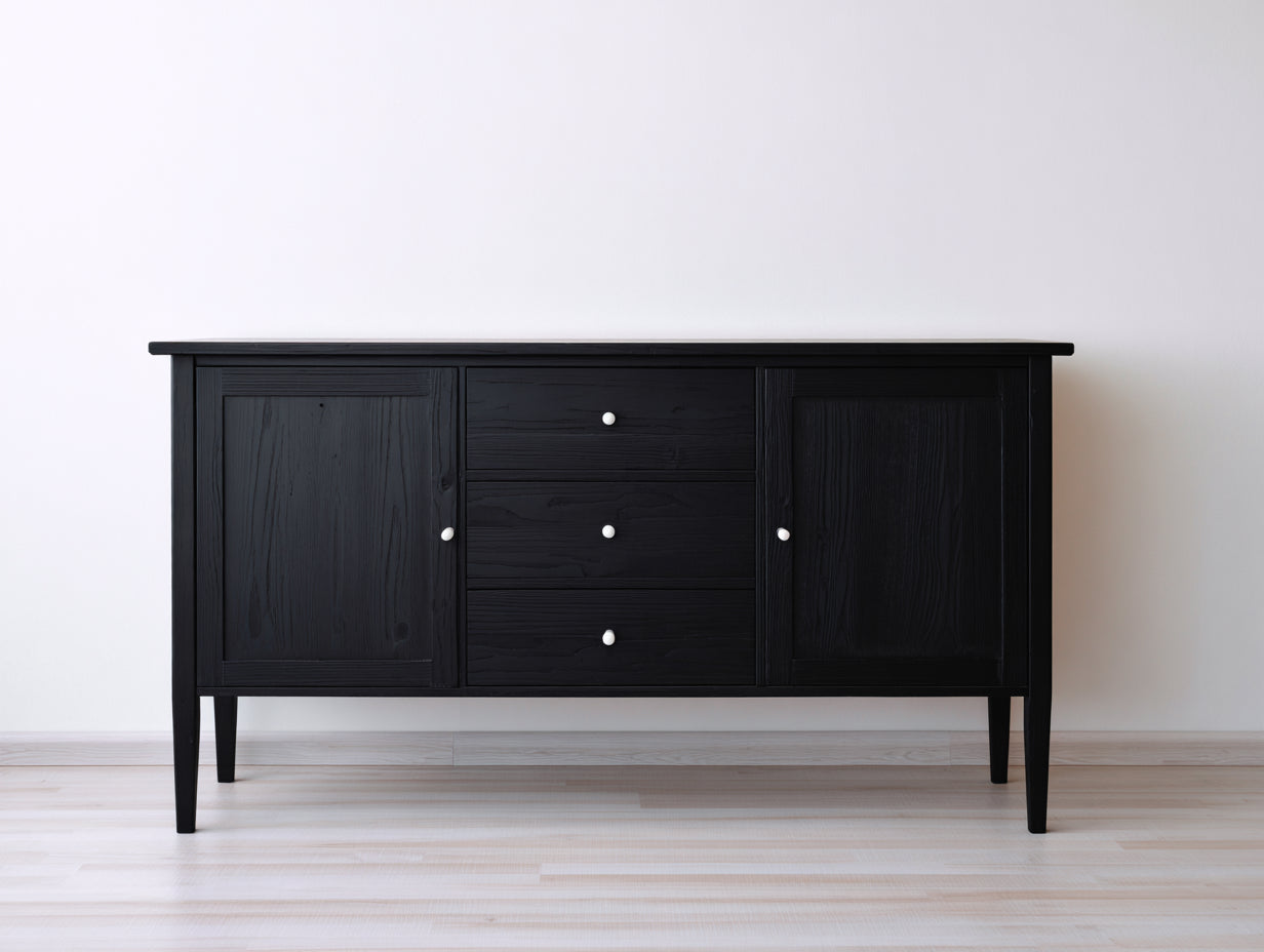 Dielenschränke Holzoptik 140x40x78 cm Schwarz für Flur - Landhaus Stil mit 2 Türen und 3 Schubladen