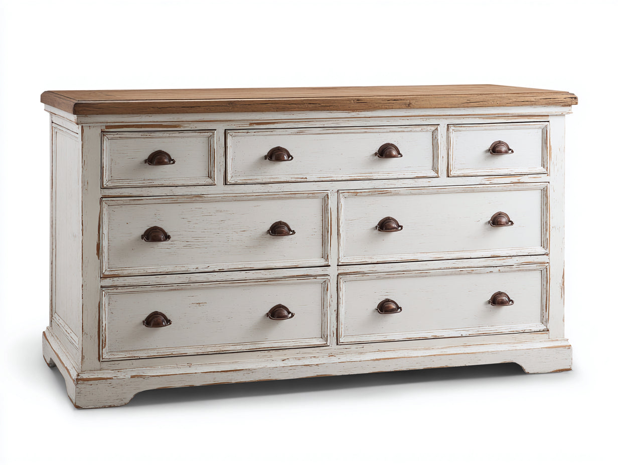 Kommode mit Schubladen Holzplatte 160x45x85 cm - Weiß und Naturholz - Landhausstil mit 7 Schubladen