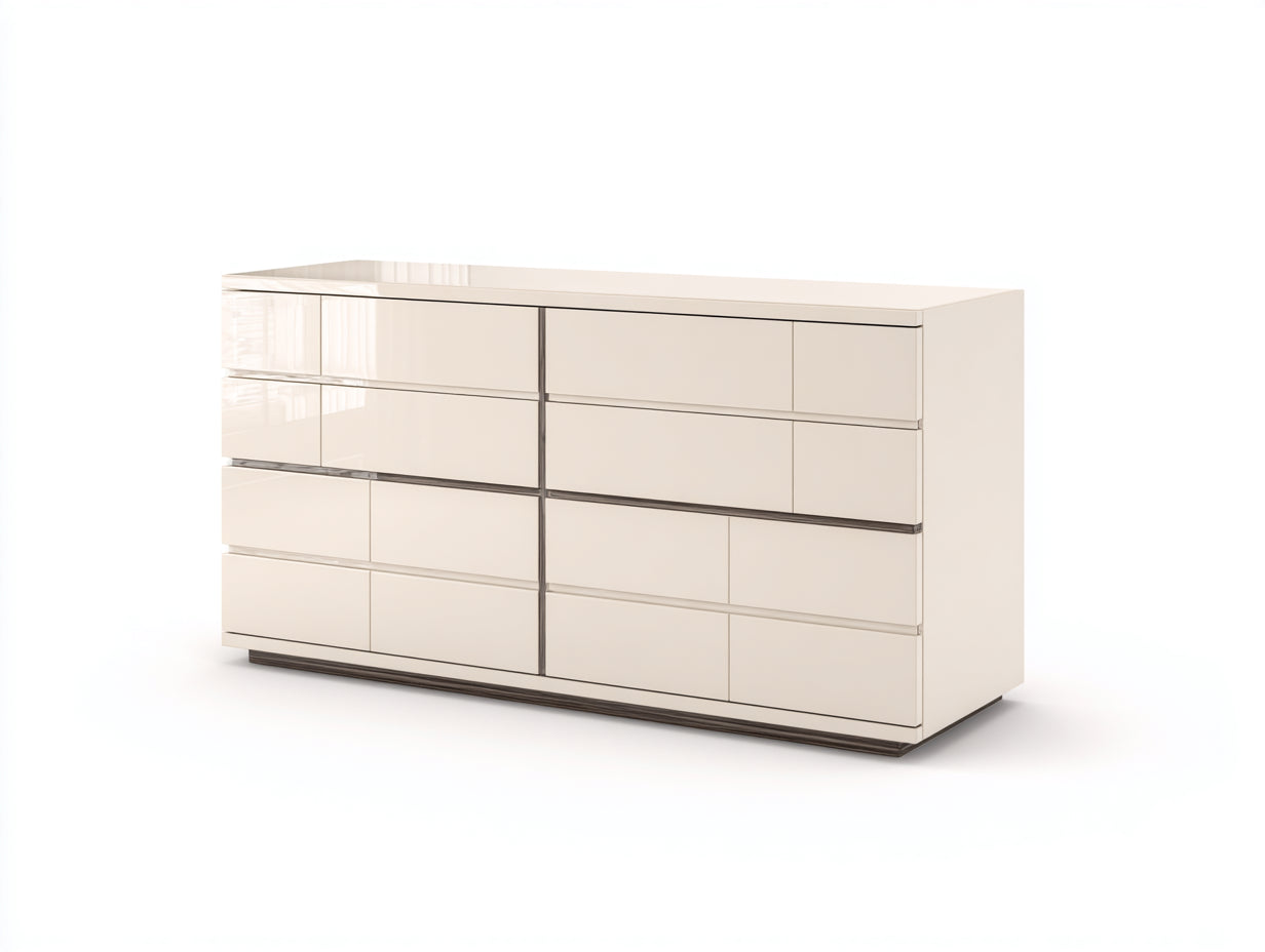 Kommode mit Schubladen Holzwerkstoff 160x45x82 cm - Cremeweiß - für Schlafzimmer und Flur - griffloses Hochglanzdesign mit 16 Schubladen